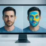 Bildschirm zeigt zwei nahezu identische Männerporträts nebeneinander, links echt, rechts mit farbiger Heatmap als Hinweis auf KI-Analyse.