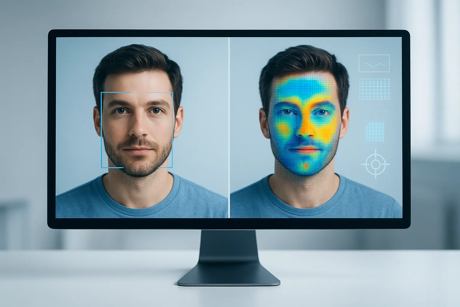 Bildschirm zeigt zwei nahezu identische Männerporträts nebeneinander, links echt, rechts mit farbiger Heatmap als Hinweis auf KI-Analyse.