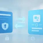 Abstrakte 3D-Darstellung des Übergangs zwischen zwei digitalen App-Oberflächen mit Symbolen für Sicherheit und Synchronisation.