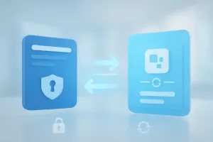 Abstrakte 3D-Darstellung des Übergangs zwischen zwei digitalen App-Oberflächen mit Symbolen für Sicherheit und Synchronisation.