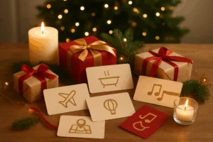 Weihnachtlich dekorierte Szene mit sieben Erlebnis-Gutscheinen auf einem Holztisch, umgeben von Kerzen, Tannenzweigen und Geschenken vor einem unscharfen Weihnachtsbaum – Symbol für gemeinsame Erlebnisse statt materieller Geschenke.
