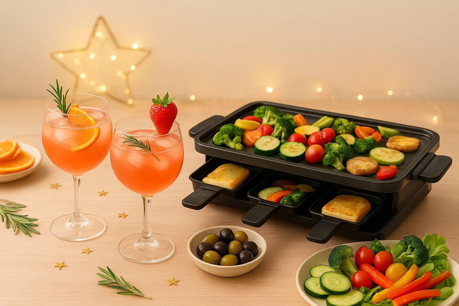 Festlich gedeckter Silvester-Tisch mit alkoholfreien Cocktails, gesundem Gemüse-Raclette und warmen Lichterketten im Hintergrund.