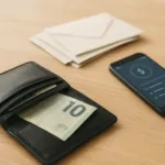 Offenes Portemonnaie mit Geldschein auf Holztisch, daneben ungeöffnete Briefe und Smartphone mit Finanz-App.