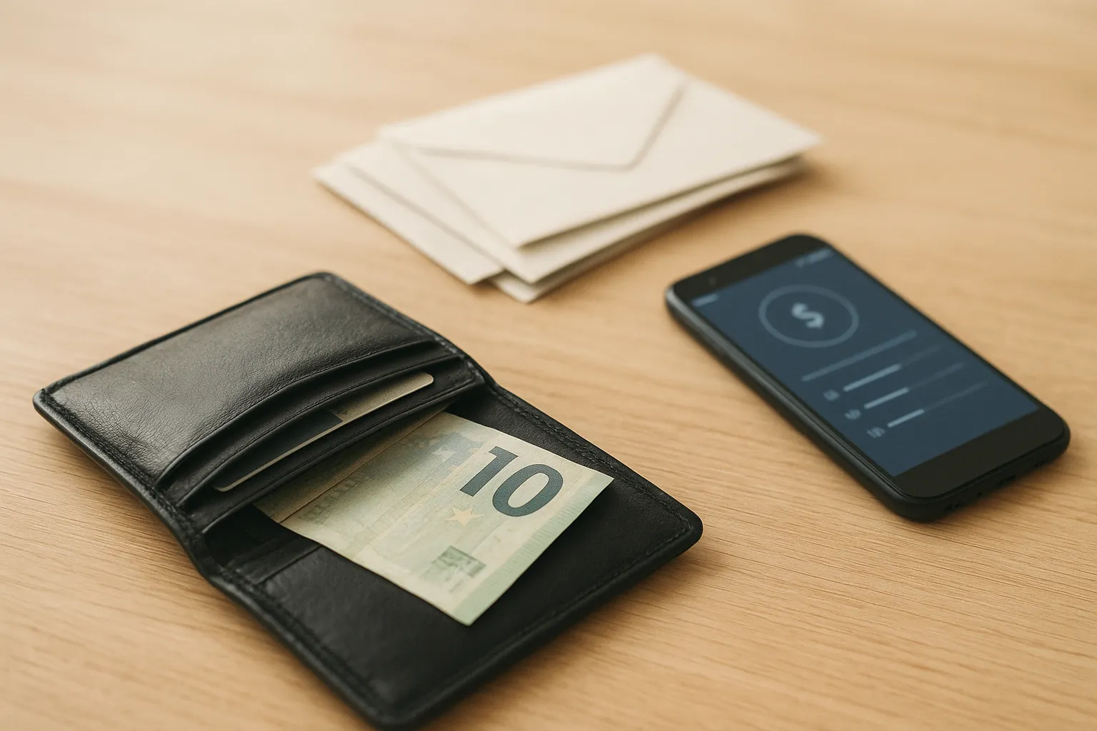 Offenes Portemonnaie mit Geldschein auf Holztisch, daneben ungeöffnete Briefe und Smartphone mit Finanz-App.