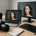 Moderner Fotografen-Arbeitsplatz mit Kamera, Laptop und Monitor, auf denen KI-basierte Bildbearbeitung angezeigt wird.