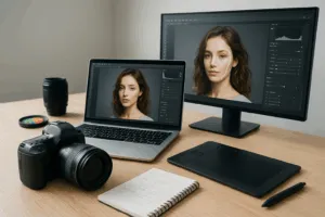 Moderner Fotografen-Arbeitsplatz mit Kamera, Laptop und Monitor, auf denen KI-basierte Bildbearbeitung angezeigt wird.