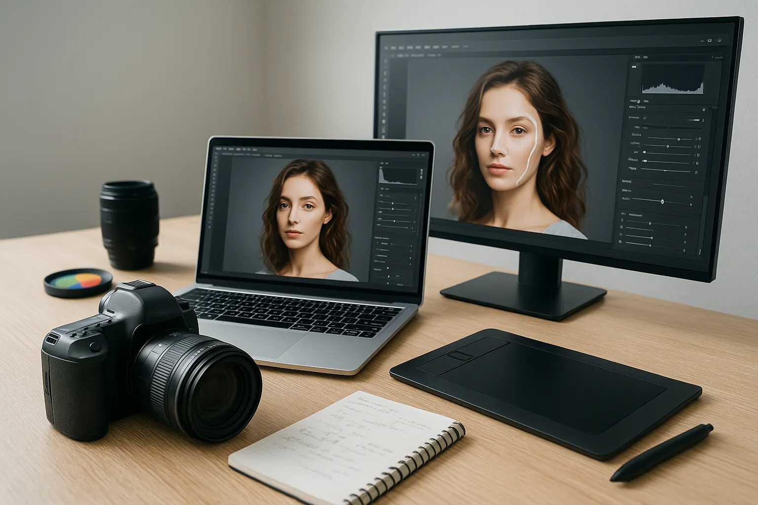 Moderner Fotografen-Arbeitsplatz mit Kamera, Laptop und Monitor, auf denen KI-basierte Bildbearbeitung angezeigt wird.