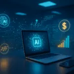 Laptop auf futuristischem Schreibtisch mit leuchtenden KI- und Geldsymbolen in Blau- und Goldtönen, Symbol für passives Einkommen durch künstliche Intelligenz.