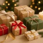 Mehrere liebevoll verpackte Wichtelgeschenke in Rot-, Grün- und Naturtönen auf einem Holztisch mit Kerze und Tannenzweig, im Hintergrund warme Weihnachtslichter.
