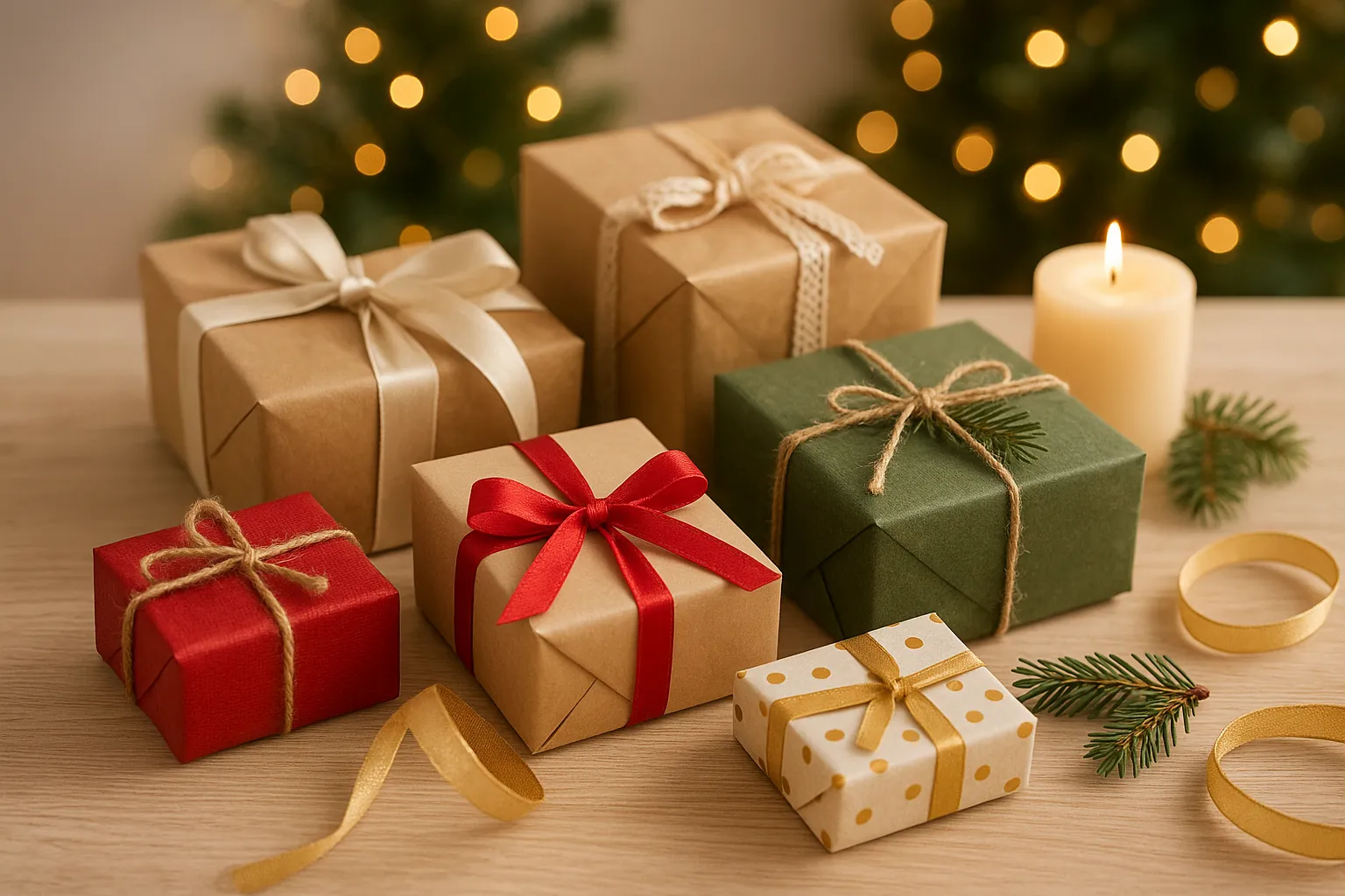 Mehrere liebevoll verpackte Wichtelgeschenke in Rot-, Grün- und Naturtönen auf einem Holztisch mit Kerze und Tannenzweig, im Hintergrund warme Weihnachtslichter.