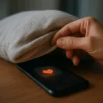 Hand versteckt ein Smartphone mit aufleuchtender Herz-Nachricht unter einem Kissen – Symbol für heimliche digitale Untreue.