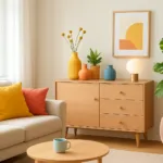 Helles, freundliches Wohnzimmer mit farbenfroher Dopamin-Deko, pastellfarbenen Vasen, Pflanzen und bunten Kissen in einer lichtdurchfluteten, modernen Einrichtung.