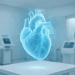 Holografisches 3D-Herz in einem modernen High-Tech-Medizinlabor, umgeben von digitalen Datenlinien.