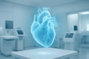 Holografisches 3D-Herz in einem modernen High-Tech-Medizinlabor, umgeben von digitalen Datenlinien.