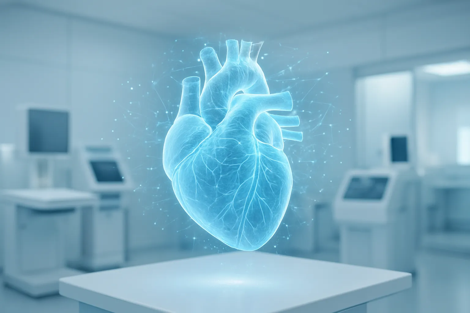 Holografisches 3D-Herz in einem modernen High-Tech-Medizinlabor, umgeben von digitalen Datenlinien.