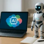 Fotorealistischer Robotiklehrer steht neben einem Laptop auf einem modernen Schreibtisch, umgeben von Lernmaterialien in einem hellen Arbeitszimmer.