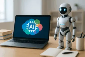 Fotorealistischer Robotiklehrer steht neben einem Laptop auf einem modernen Schreibtisch, umgeben von Lernmaterialien in einem hellen Arbeitszimmer.