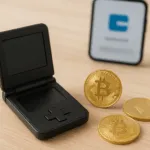 Fotorealistisches Bild eines geöffneten Hardware-Krypto-Wallets auf Holztisch mit Bitcoin- und Ethereum-Coins – Symbol für sichere Self-Custody.