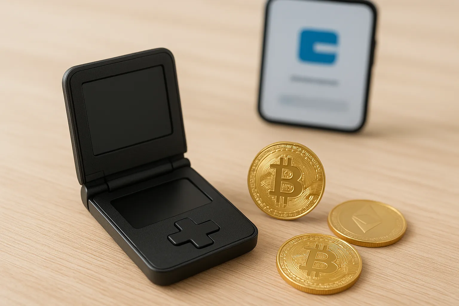 Fotorealistisches Bild eines geöffneten Hardware-Krypto-Wallets auf Holztisch mit Bitcoin- und Ethereum-Coins – Symbol für sichere Self-Custody.
