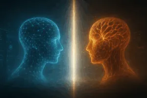 Zwei leuchtende digitale Köpfe – links in Blau für Gemini, rechts in Orange für GPT-5 – blicken sich in einem futuristischen Datenraum gegenüber, getrennt durch eine vertikale Lichtlinie.