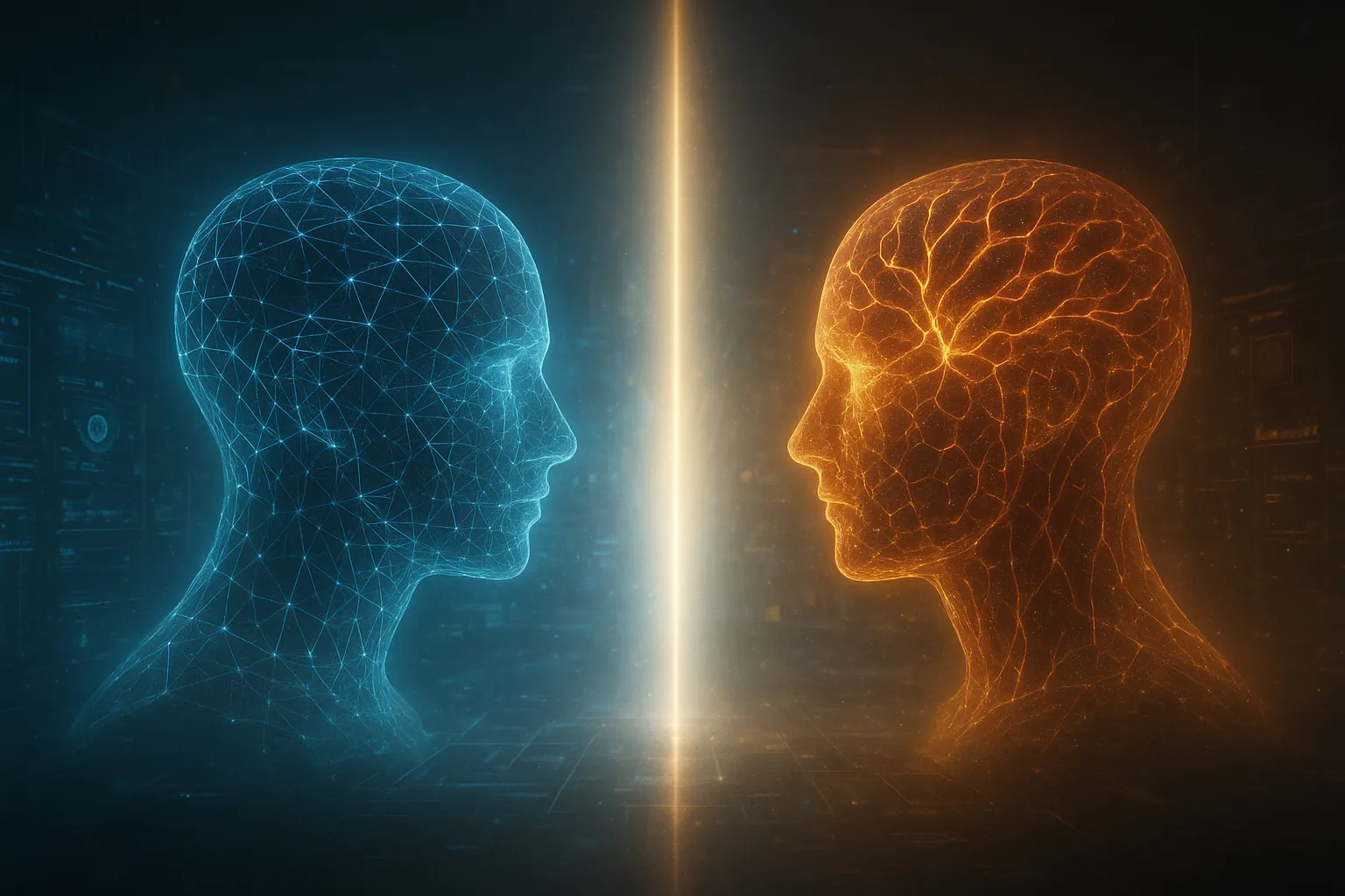 Zwei leuchtende digitale Köpfe – links in Blau für Gemini, rechts in Orange für GPT-5 – blicken sich in einem futuristischen Datenraum gegenüber, getrennt durch eine vertikale Lichtlinie.