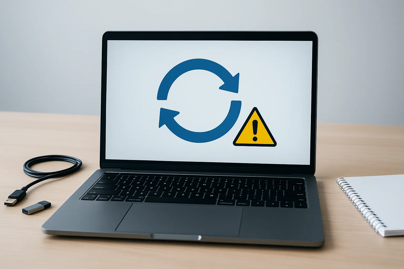 Laptop zeigt Update-Symbol mit Warnhinweis auf hellem Schreibtisch, daneben USB-Kabel und Notizblock.