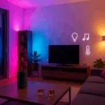 Modernes Wohnzimmer im Smart-Home-Party-Modus mit farbiger LED-Beleuchtung, smarten Geräten und gemütlicher Einrichtung.