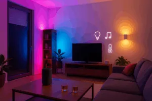 Modernes Wohnzimmer im Smart-Home-Party-Modus mit farbiger LED-Beleuchtung, smarten Geräten und gemütlicher Einrichtung.