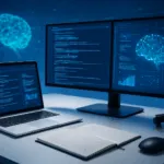 High-Tech-Arbeitsplatzes mit Laptop und mehreren Monitoren, die komplexe KI-Oberflächen, Chatfenster und Codezeilen zeigen. Leuchtende, holografische Datenströme und neuronale Netz-Visualisierungen schweben subtil im Hintergrund und erzeugen eine technisch-futuristische Atmosphäre.