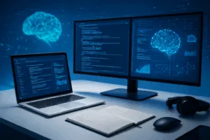 High-Tech-Arbeitsplatzes mit Laptop und mehreren Monitoren, die komplexe KI-Oberflächen, Chatfenster und Codezeilen zeigen. Leuchtende, holografische Datenströme und neuronale Netz-Visualisierungen schweben subtil im Hintergrund und erzeugen eine technisch-futuristische Atmosphäre.