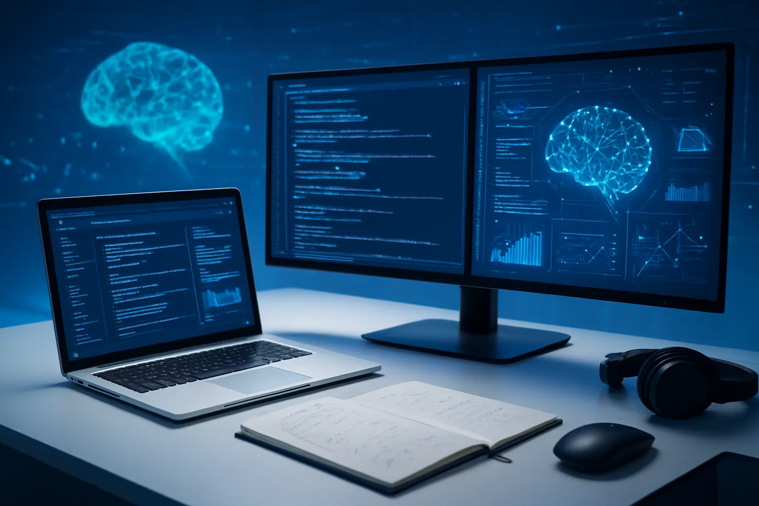 High-Tech-Arbeitsplatzes mit Laptop und mehreren Monitoren, die komplexe KI-Oberflächen, Chatfenster und Codezeilen zeigen. Leuchtende, holografische Datenströme und neuronale Netz-Visualisierungen schweben subtil im Hintergrund und erzeugen eine technisch-futuristische Atmosphäre.