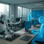 Fünf KI-Agenten, dargestellt als humanoide Roboter und holographische Avatare, arbeiten tagsüber selbstständig in einem modernen, hellen Büro mit großen Bildschirmen und Glaswänden.