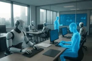 Fünf KI-Agenten, dargestellt als humanoide Roboter und holographische Avatare, arbeiten tagsüber selbstständig in einem modernen, hellen Büro mit großen Bildschirmen und Glaswänden.