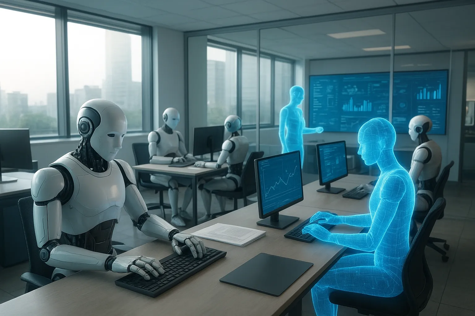 Fünf KI-Agenten, dargestellt als humanoide Roboter und holographische Avatare, arbeiten tagsüber selbstständig in einem modernen, hellen Büro mit großen Bildschirmen und Glaswänden.