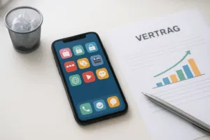 Smartphone mit App-Symbolen und Vertragsunterlagen auf hellem Schreibtisch – Hinweis auf Abo-Fallen und Kündigungsmöglichkeiten.