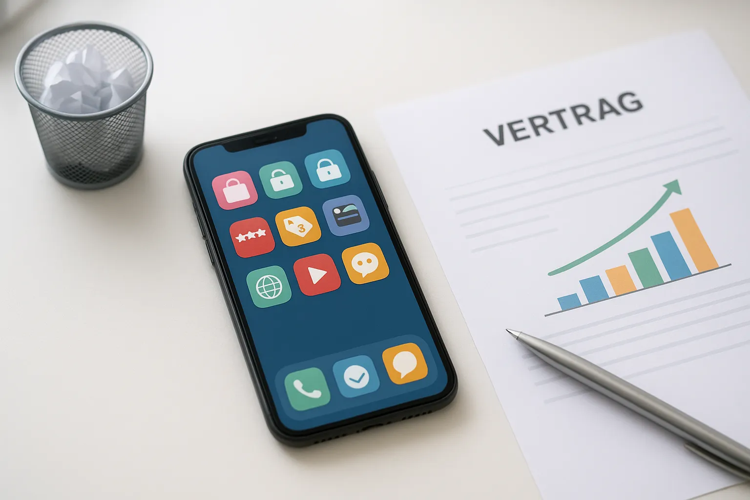 Smartphone mit App-Symbolen und Vertragsunterlagen auf hellem Schreibtisch – Hinweis auf Abo-Fallen und Kündigungsmöglichkeiten.