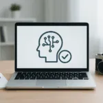 Laptop auf einem Schreibtisch mit KI-Symbol und Verifizierungs-Icon auf dem Bildschirm, daneben Notizblock und Kamera in heller Home-Office-Umgebung.