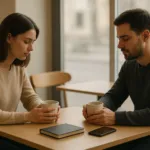 Zwei junge Erwachsene sitzen ruhig in einem Café und teilen einen entschleunigten Moment des Slow Socializing.