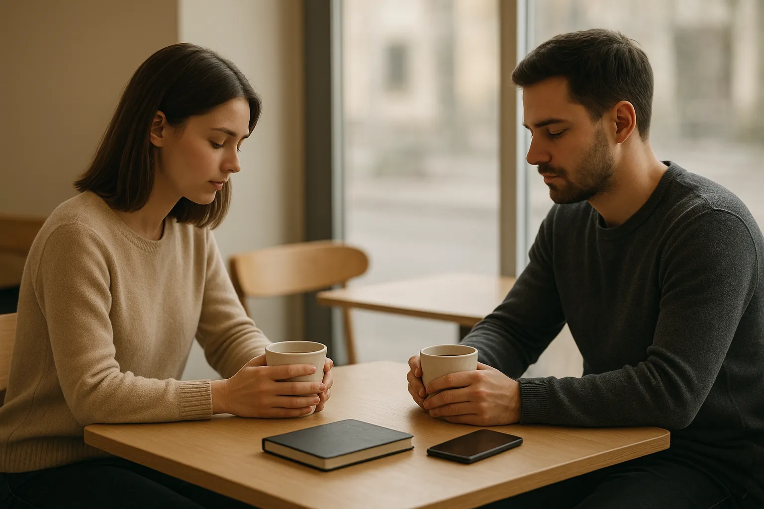 Zwei junge Erwachsene sitzen ruhig in einem Café und teilen einen entschleunigten Moment des Slow Socializing.