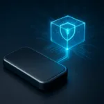 Generisches Hardware-Wallet mit leuchtendem, holografischem Sicherheitssymbol, das eine zusätzliche geheime Passphrase visualisiert.