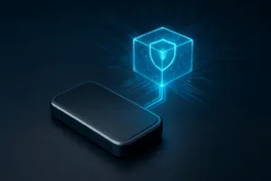 Generisches Hardware-Wallet mit leuchtendem, holografischem Sicherheitssymbol, das eine zusätzliche geheime Passphrase visualisiert.