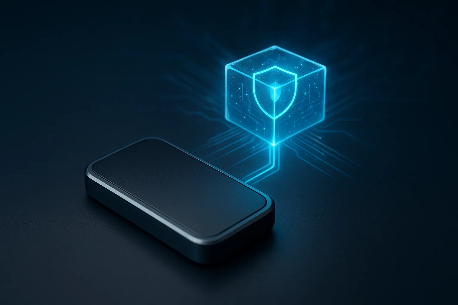 Generisches Hardware-Wallet mit leuchtendem, holografischem Sicherheitssymbol, das eine zusätzliche geheime Passphrase visualisiert.