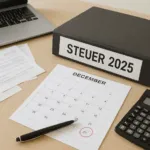 Heller Schreibtisch mit Steuerunterlagen, Kalender mit markiertem Datum, Laptop, Taschenrechner und Ordner für Steuer 2025.