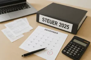 Heller Schreibtisch mit Steuerunterlagen, Kalender mit markiertem Datum, Laptop, Taschenrechner und Ordner für Steuer 2025.