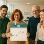 Gruppe von Mitarbeitenden in einem modernen Büro, die gemeinsam einen Kalender mit markierten vier Arbeitstagen halten – Symbol für die Einführung der 4-Tage-Woche.