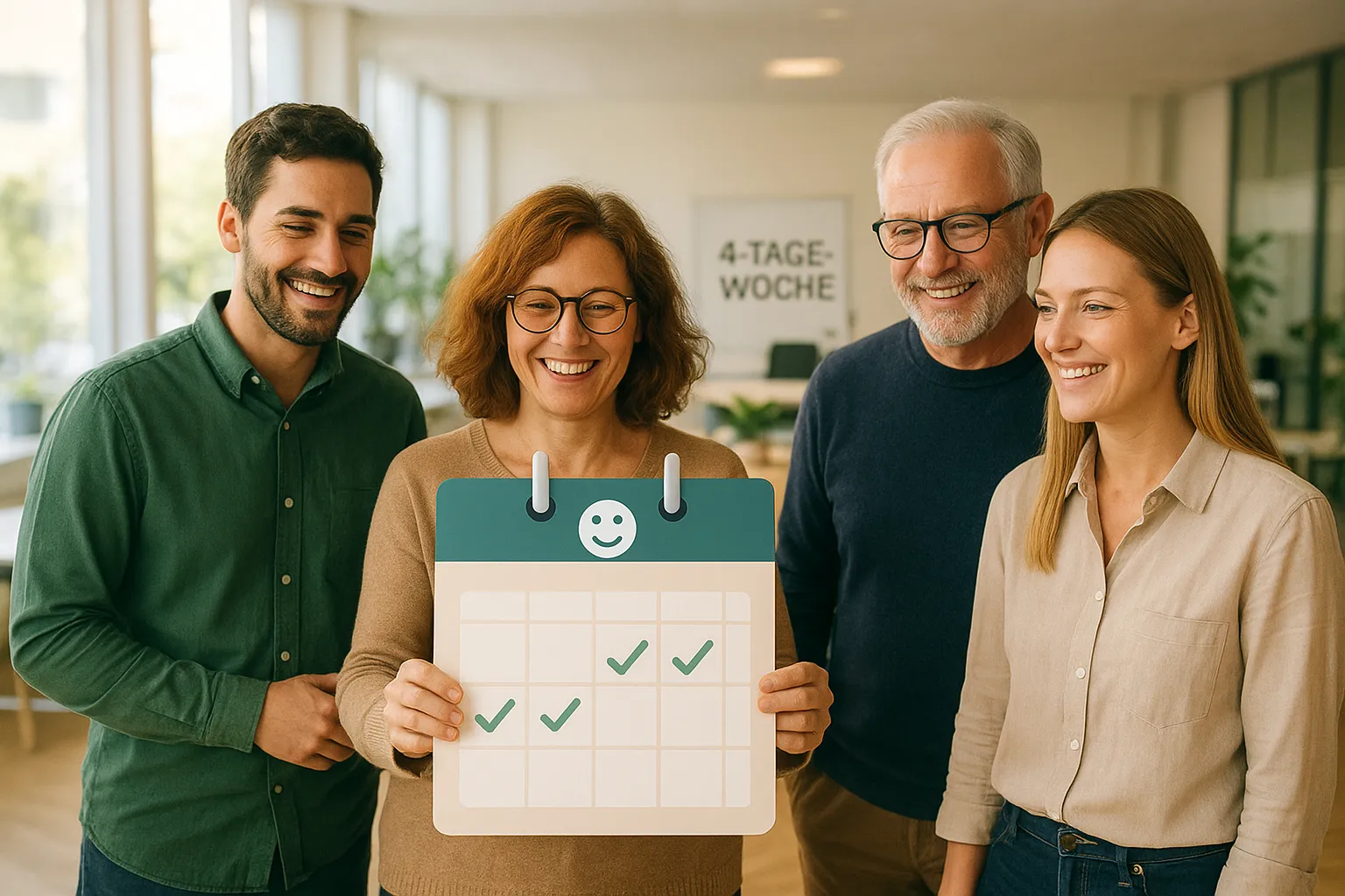 Gruppe von Mitarbeitenden in einem modernen Büro, die gemeinsam einen Kalender mit markierten vier Arbeitstagen halten – Symbol für die Einführung der 4-Tage-Woche.