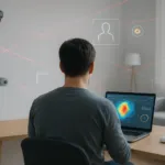 Person sitzt von hinten im Homeoffice, umgeben von zahlreichen Kameras und Überwachungssensoren, während am Laptop Analyse-Overlays sichtbar sind.