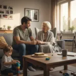 Erwachsener sitzt zwischen spielendem Kleinkind und älterer Frau im Wohnzimmer und symbolisiert die Sandwich-Generation zwischen Kindererziehung und Elternpflege.