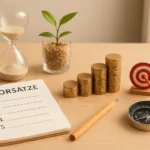 Schreibtisch mit Münztreppe, Notizbuch für Vorsätze, Sanduhr, Kompass, Zielscheibe und Pflanze als Symbole für finanzielle Ziele und Vermögensaufbau.