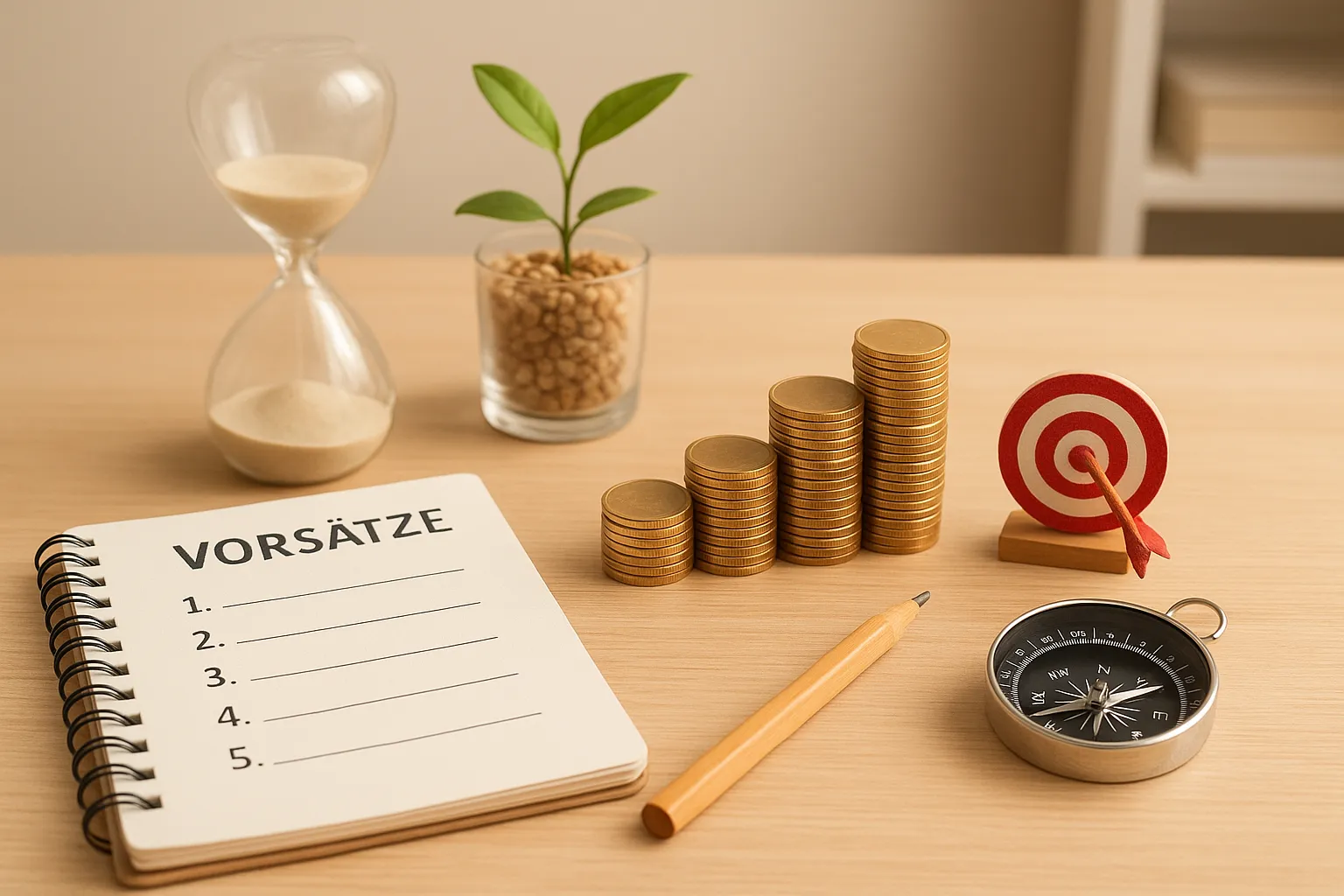 Schreibtisch mit Münztreppe, Notizbuch für Vorsätze, Sanduhr, Kompass, Zielscheibe und Pflanze als Symbole für finanzielle Ziele und Vermögensaufbau.